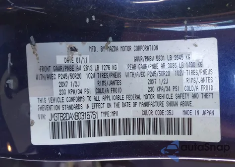 2011 Mazda Cx-9 Grand Touring from USA, damaged, VIN JM3TB2DAXB0315761